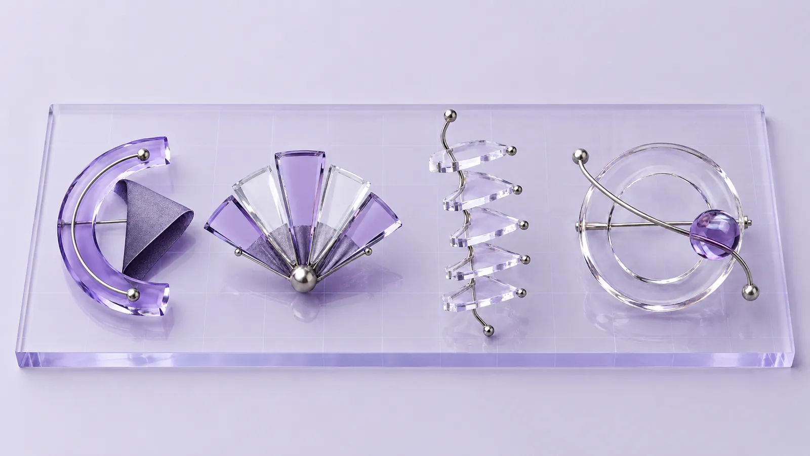 TERRUVO brooches laid out on smoked acrylic