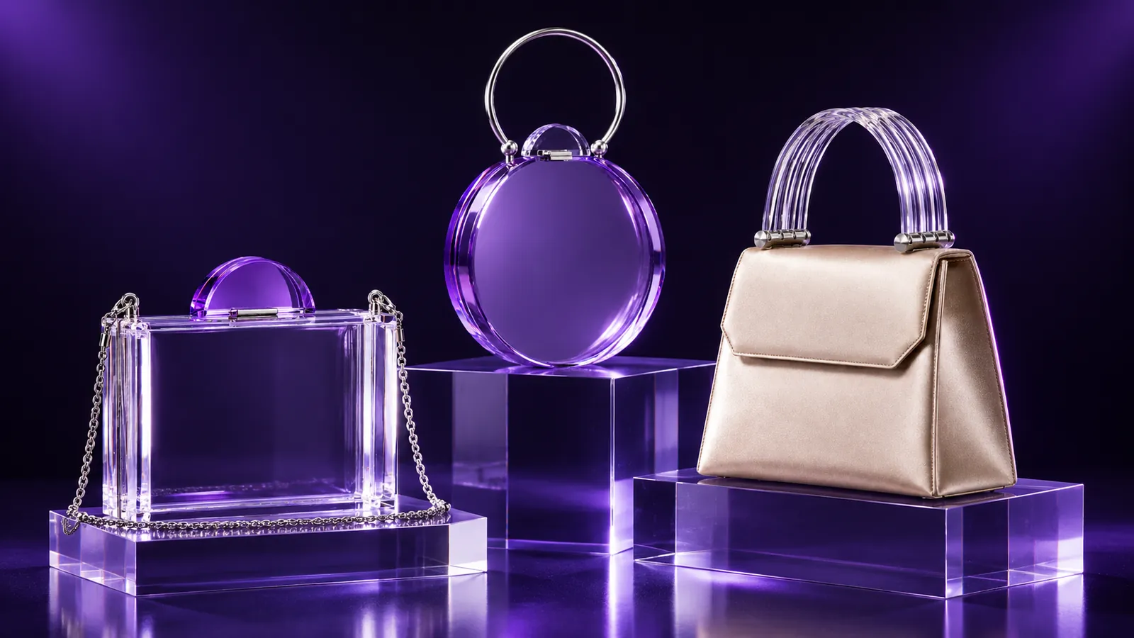 Three TERRUVO evening bags on stepped acrylic blocks