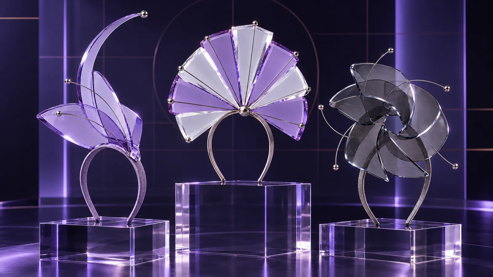 Three TERRUVO headpieces on clear acrylic plinths