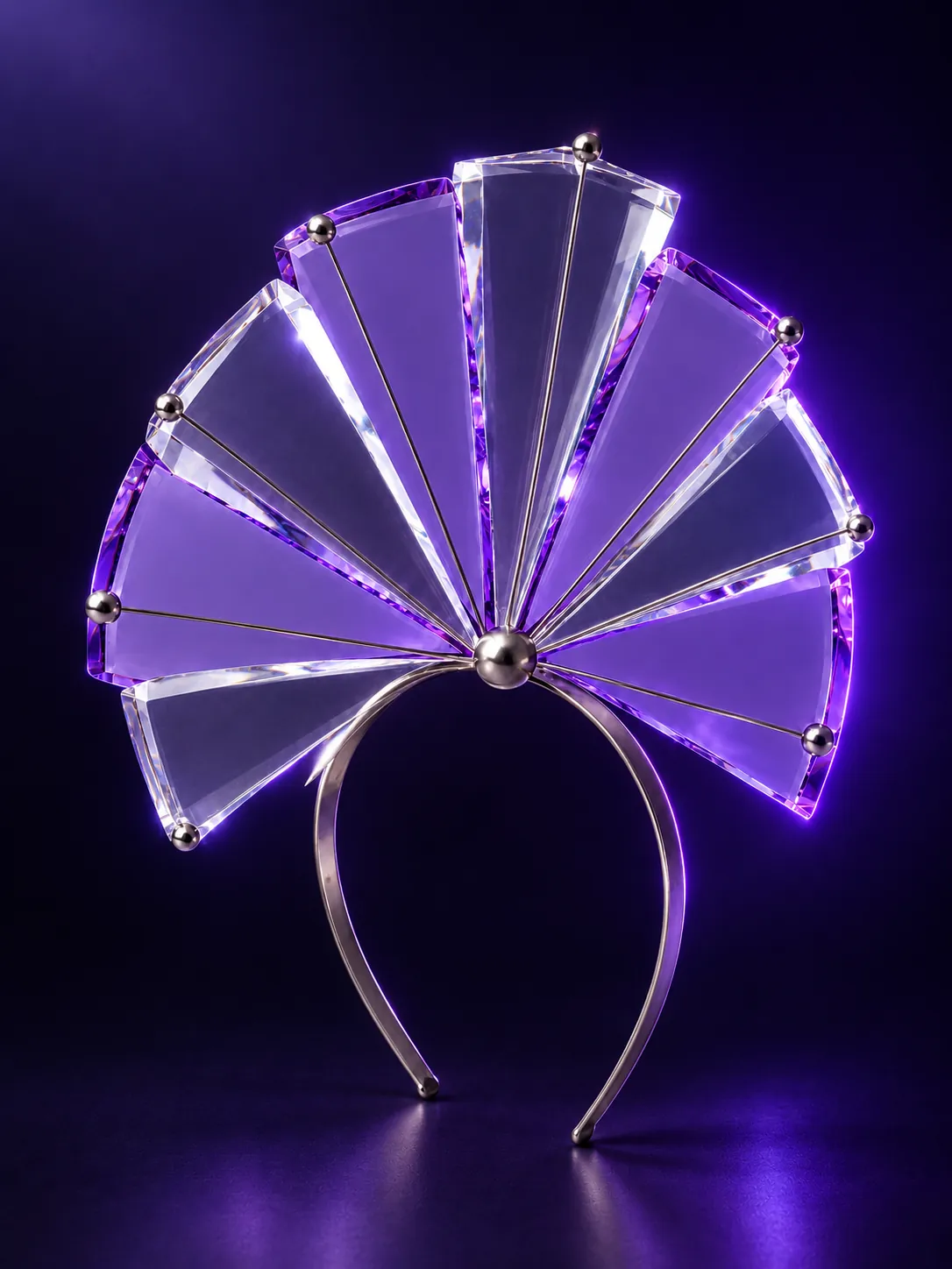 Keystone-fascinator: en solfjäder av violetta och klara akrylsegment, belyst bakifrån