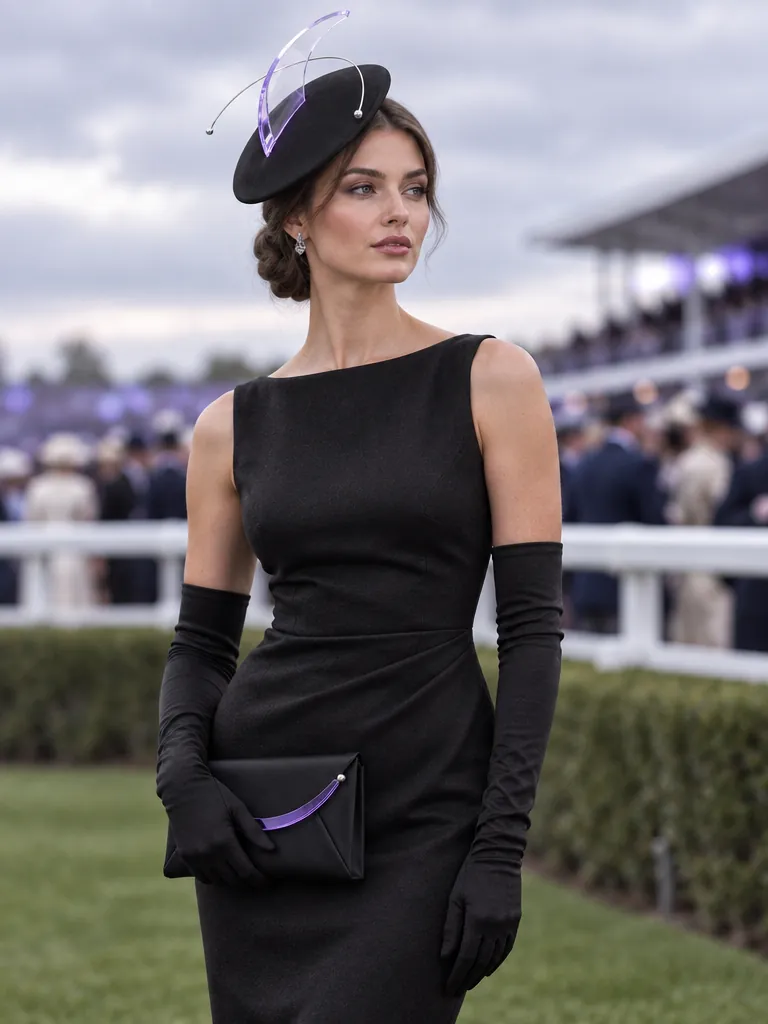 Race day look: Belvedere headpiece, Lintel envelope clutch and black opera gloves