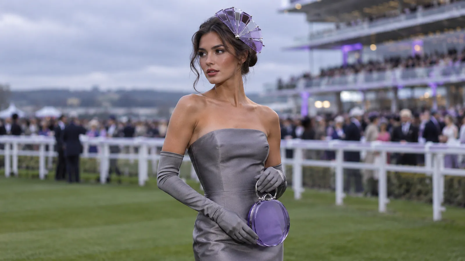 A guest at the races wearing a TERRUVO headpiece, opera gloves and minaudière