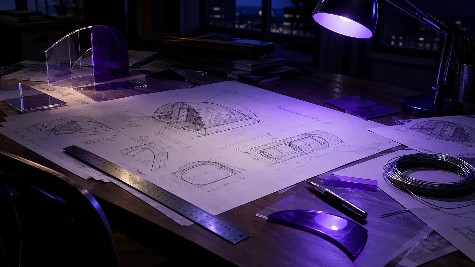 A drafting table with line drawings of headpiece structures and acrylic offcuts